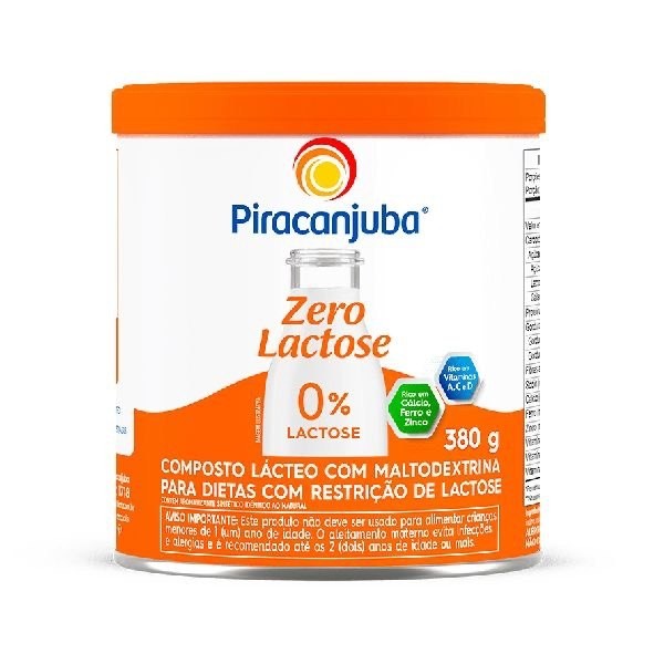 Piracanjuba Zero Lactose: composto lácteo com maltodextrina, escrito grande na frente